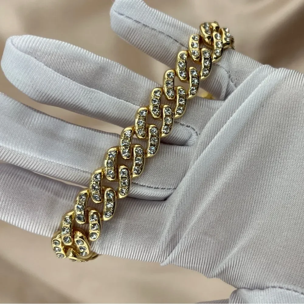 Gold-Tone Cuban Link Chain Necklace with Rhinestones